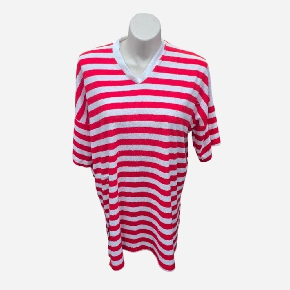 TRUE VINTAGE TERRY CLOTH SWIM COVER UP RED/WHITE STRIPES OSFM
